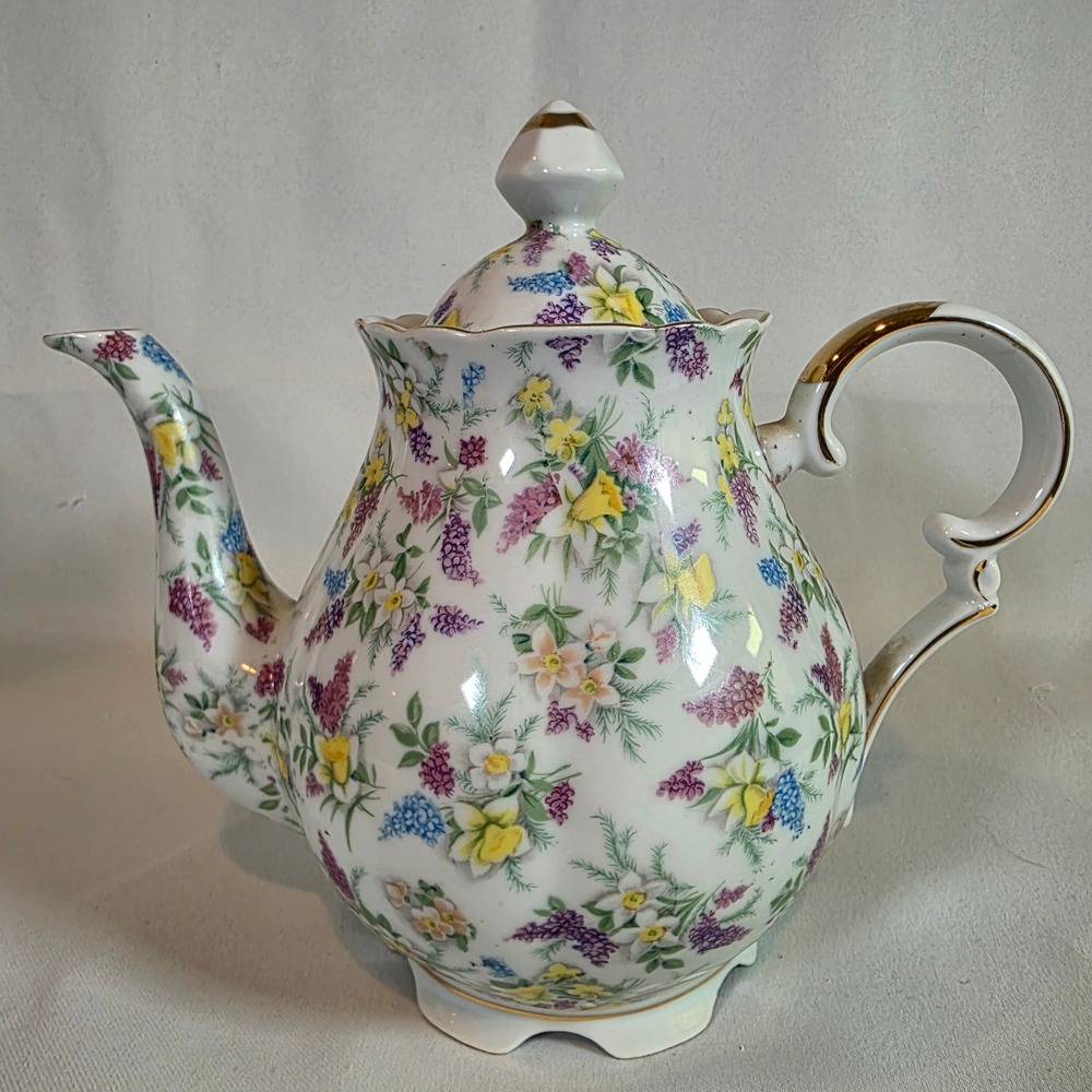 Vintage Lefton China Lilac Chintz Teapot Daffodil Floral 693 Gold Trim Japan